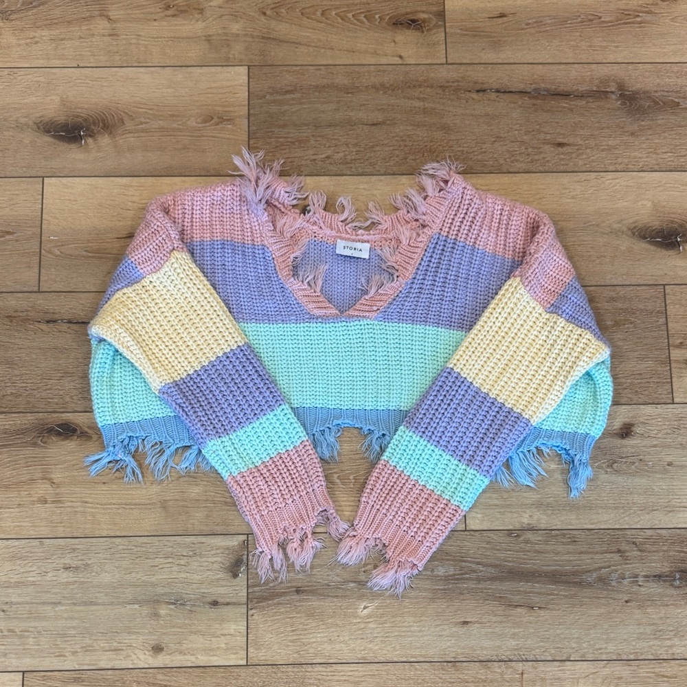 Storia Pastel Striped Distressed Crop Sweater – Size S
